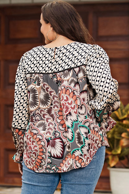Black Mixed Floral Geometric Print Ruffled Long Sleeve Blouse