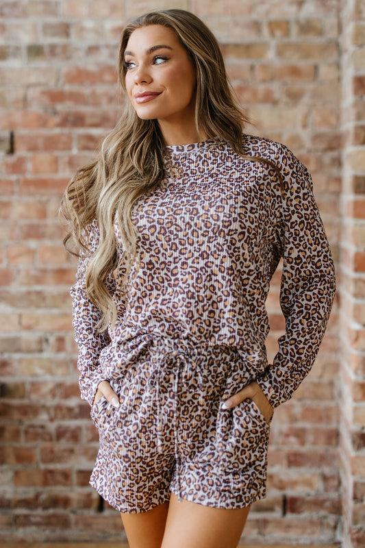 Khaki Leopard Ribbed Long Sleeve Top Drawstring Shorts 2pcs Outfit