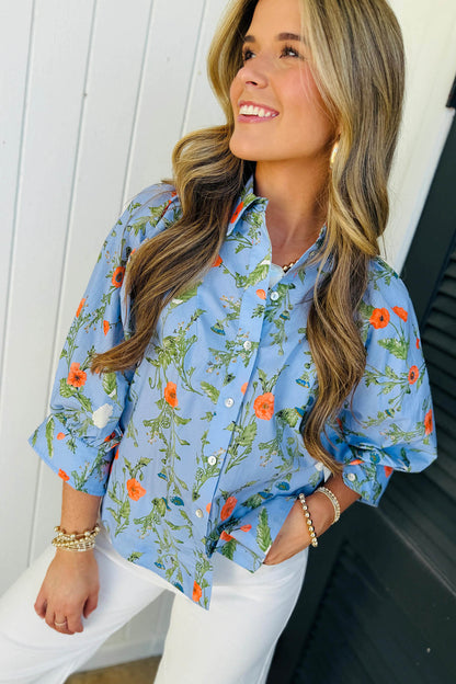 Sky Blue Floral Print Bracelet Sleeve Button Down Casual Shirt