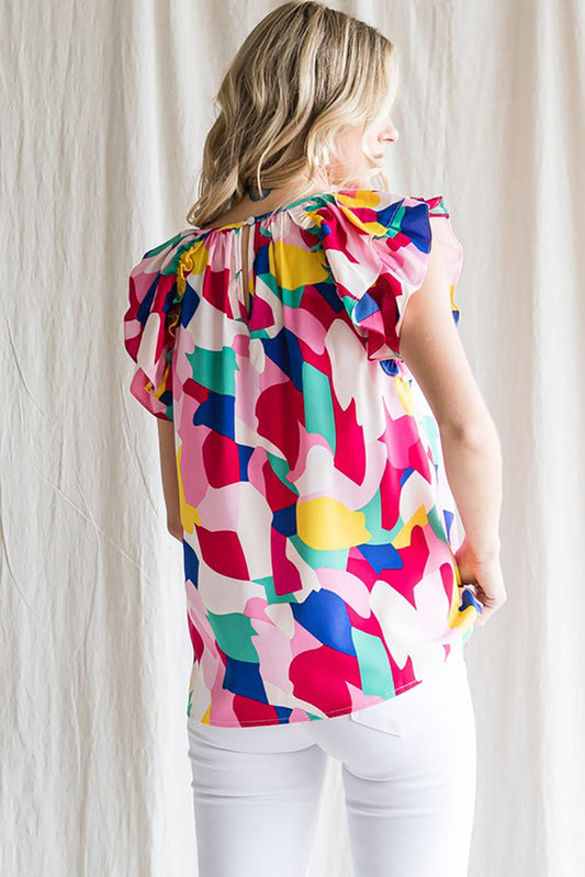 Blusa de manga corta con volantes y estampado abstracto multicolor