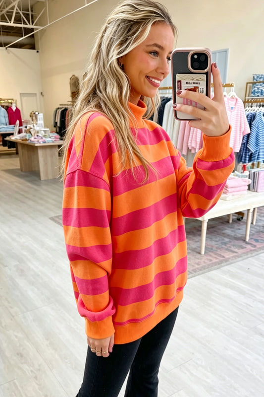 Orange Stripe Colorblock Mock Neck Relaxed Sweatshirt