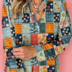 Sky Blue Fall Floral Half Placket Collared V Neck Blouse