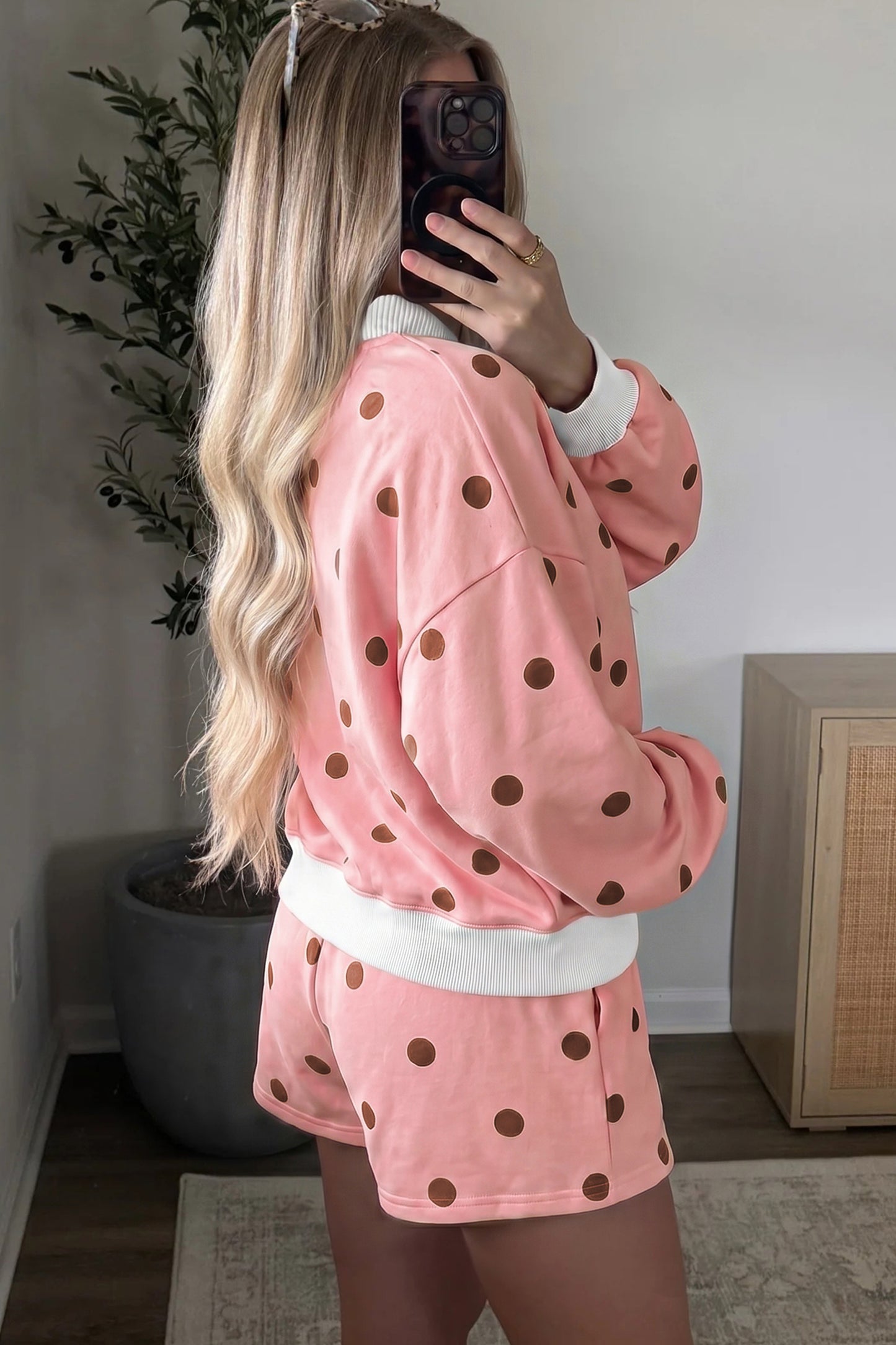 Pink Polka Dot Ribbed Trim Long Sleeve Top Casual Short Set