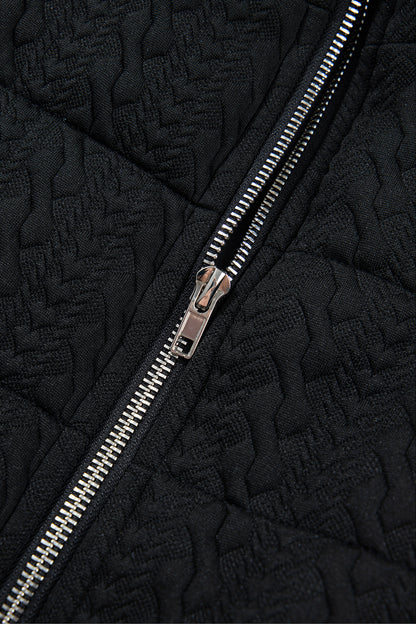 Black Textured Quilted Stand Neck Zipper Winter Vest