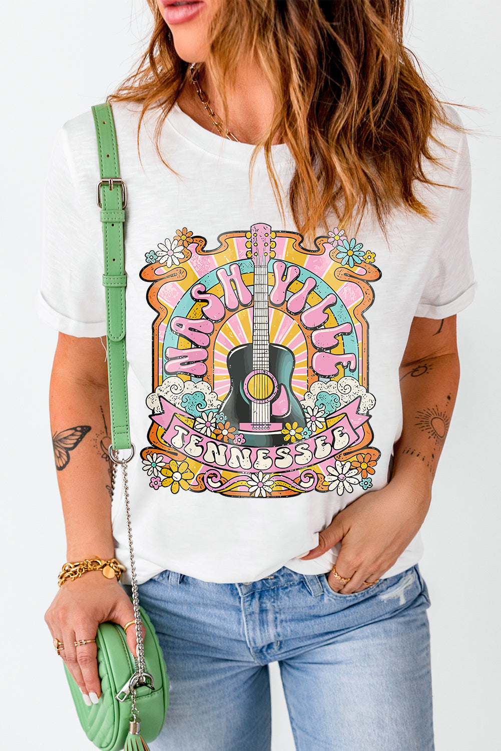 T-shirt blanc avec motif guitare country NASHIVILLE