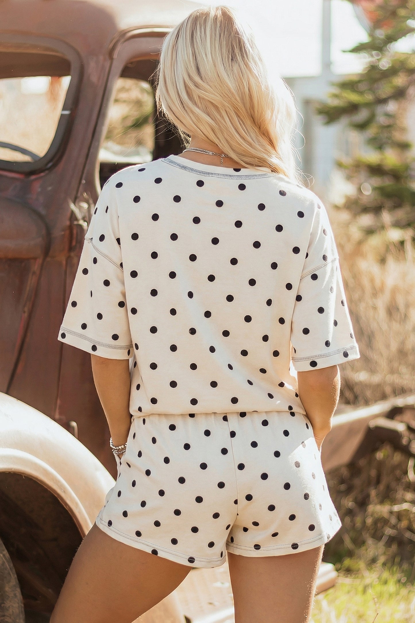 Yellow Polka Dot Short Sleeve Loose Top Drawstring Shorts Set