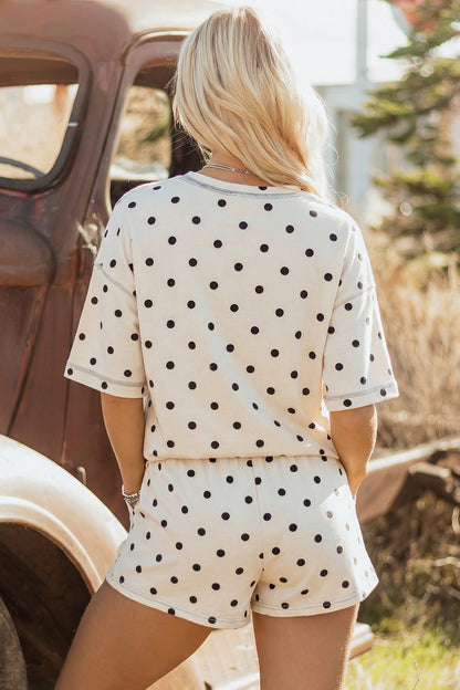 Yellow Polka Dot Short Sleeve Loose Top Drawstring Shorts Set