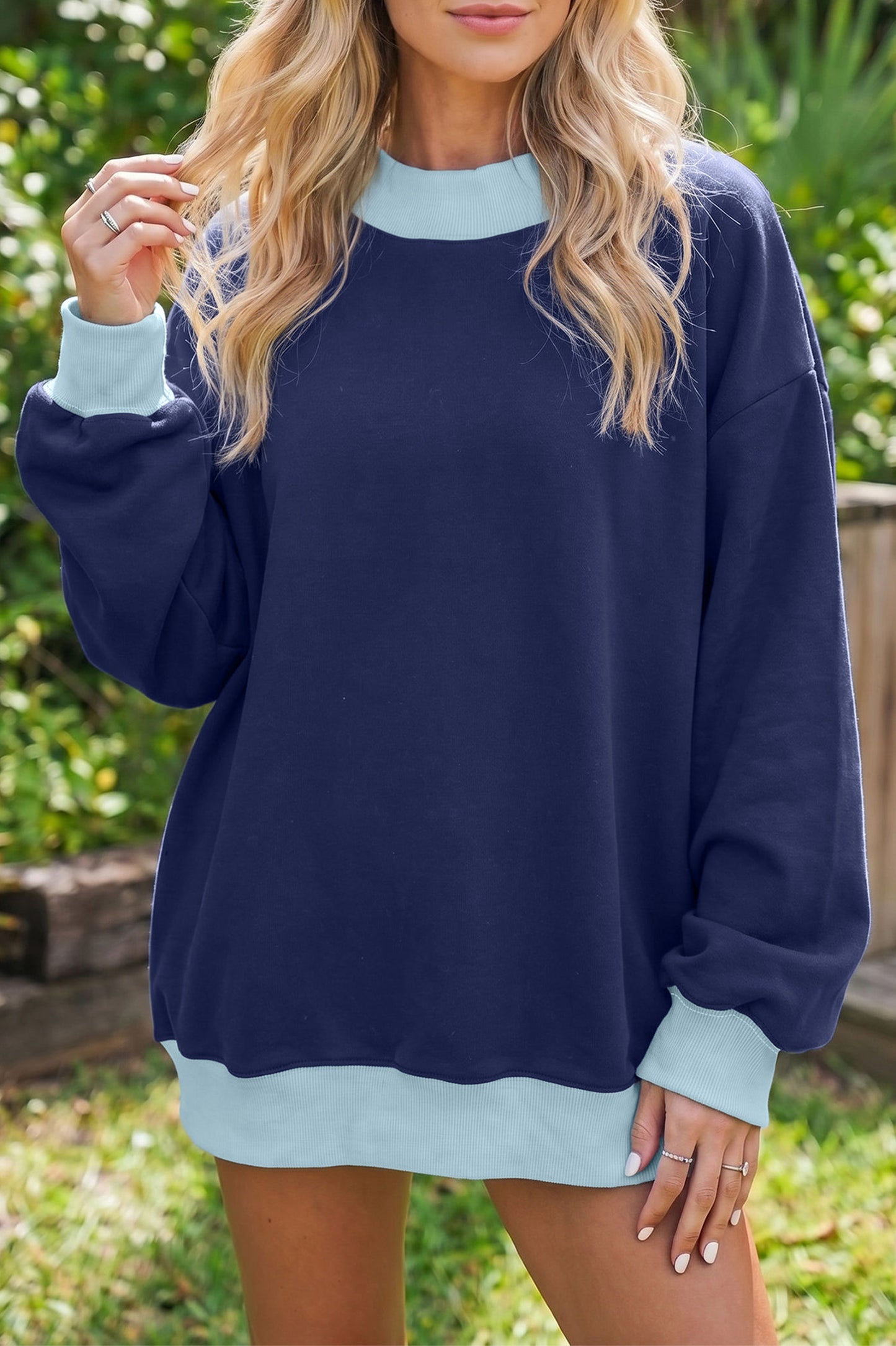 Dirty blue Colorblock Trim Crewneck Long Sleeve Pullover Sweatshirt