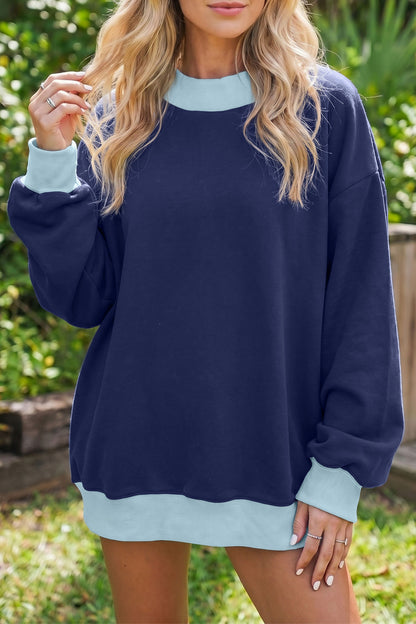Dirty blue Colorblock Trim Crewneck Long Sleeve Pullover Sweatshirt