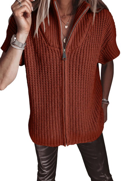 Cinnamon Solid Color Short Sleeve Zipper Knit High Neck Sweater