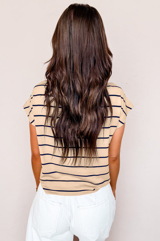 Khaki Stripe Mock Neck Short Sleeve Loose Top