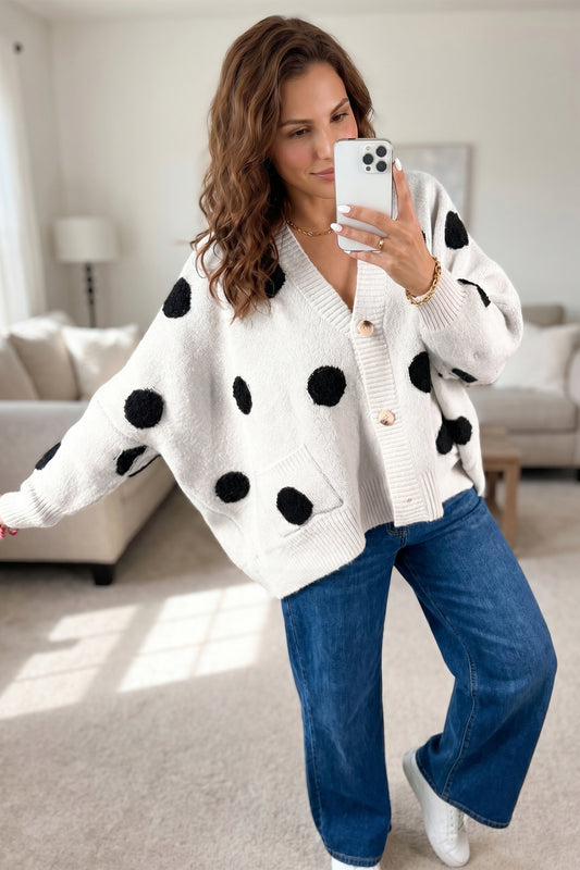 Red Polka Dot Button Front Oversized V Neck Cardigan