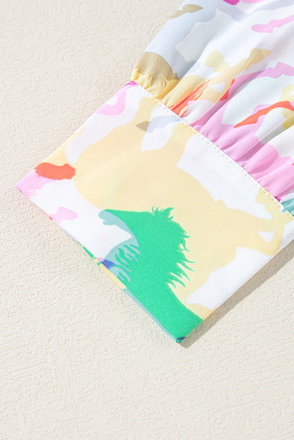 Chemise décontractée blanche à manches longues et boutons, imprimé cheval coloré