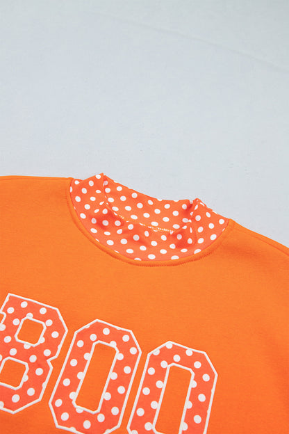 Grapefruit Orange Polka Dot Letter Print Contrast Trim Mock Neck Sweatshirt