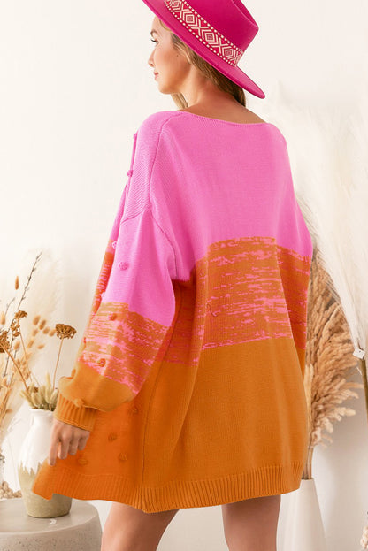 Cardigan ouvert à pompons marron et blocs de couleurs 