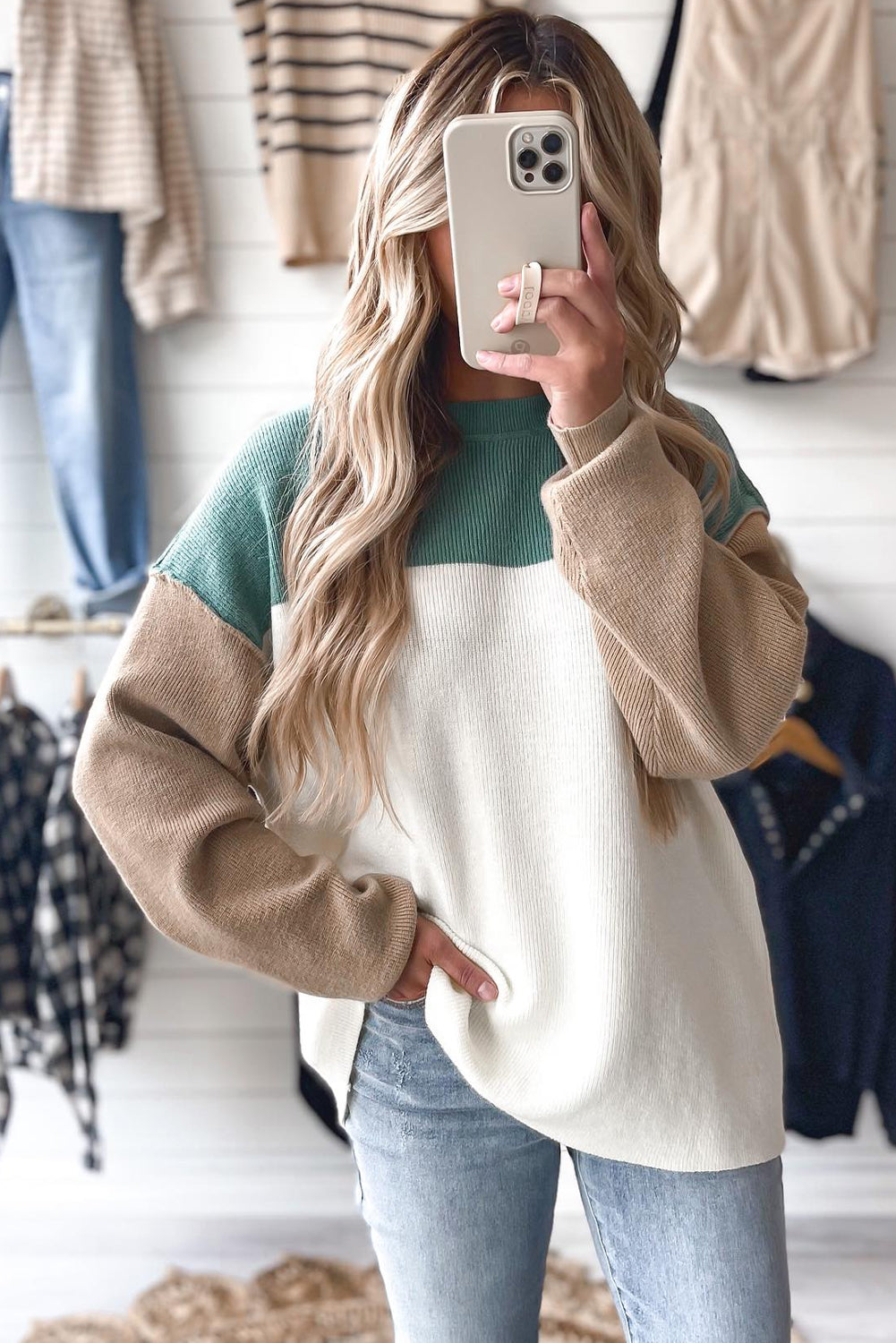 Green Color Block Plain Ribbed Knit Baggy Sweater