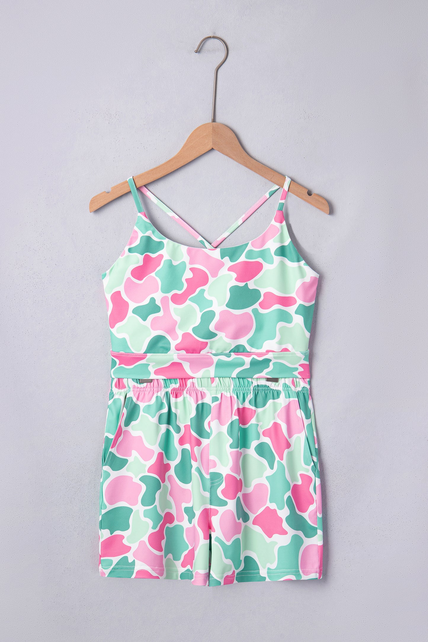 Green Camouflage Printed Cropped Tank Athleisure 2pcs Short Set