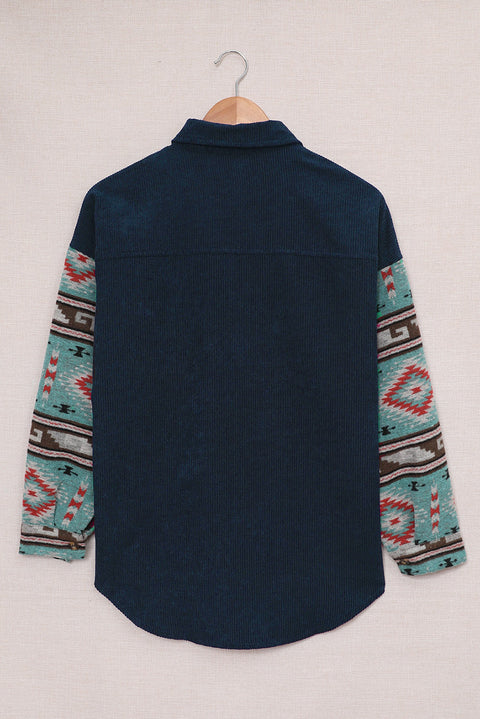 Aztec Pattern Sleeve Pocketed Corduroy Shacket