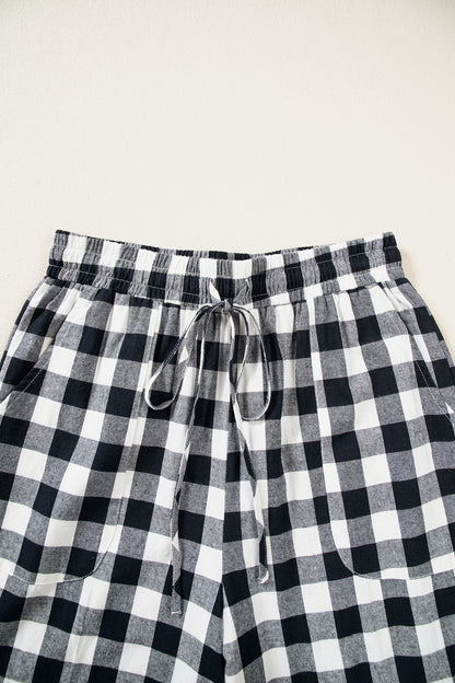 Blue Gingham Plaid Tie Elastic Waist Shift Pants