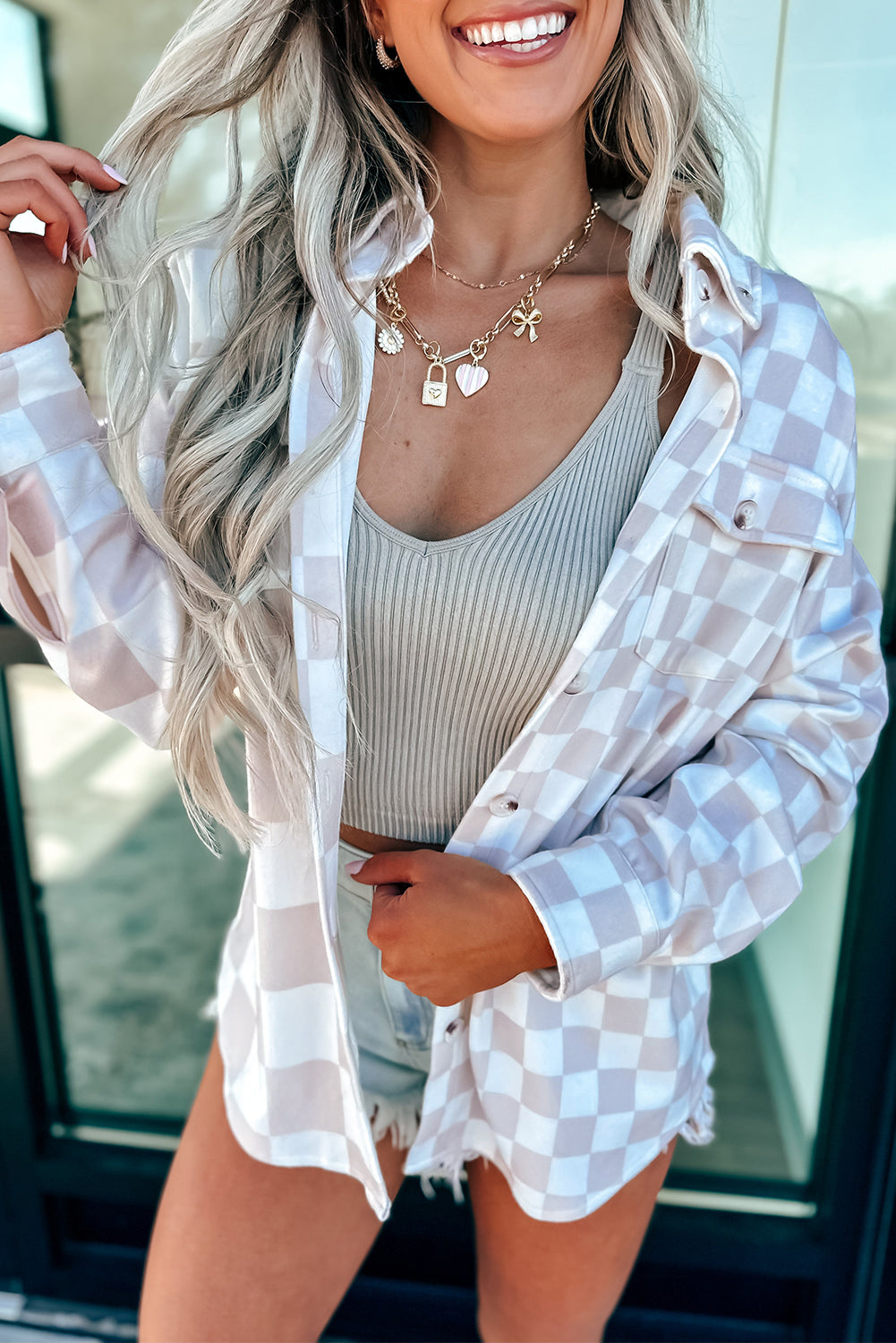 Khaki Checkerboard Flap Pocket Button Front Shacket