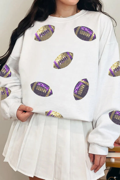 White Game Day Sequin Rugby Pattern Baggy Sweatshirt