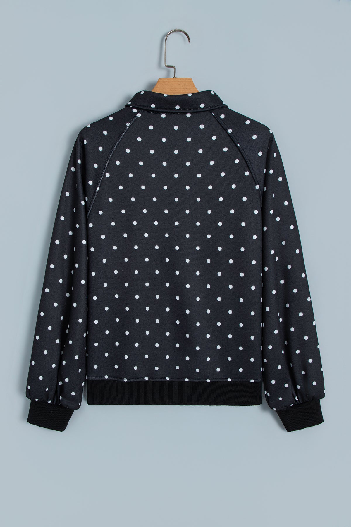 Black Polka Dot Print Metal Button Collar Casual Pullover Sweatshirt