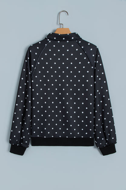 Black Polka Dot Print Metal Button Collar Casual Pullover Sweatshirt