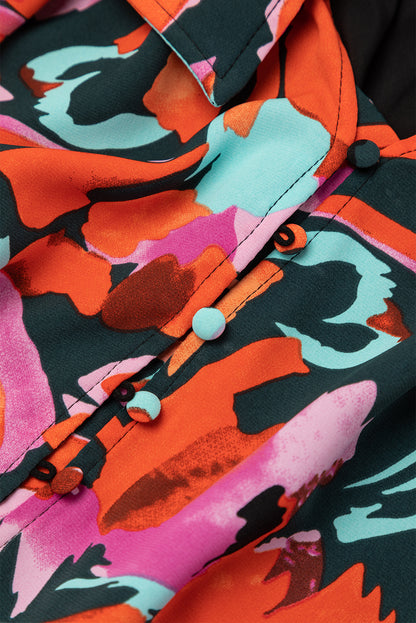 Robe courte rouge à fleurs et manches évasées à pompons