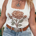 White Plus Size Floral Print Scalloped Trim Square Neck Sweater Vest