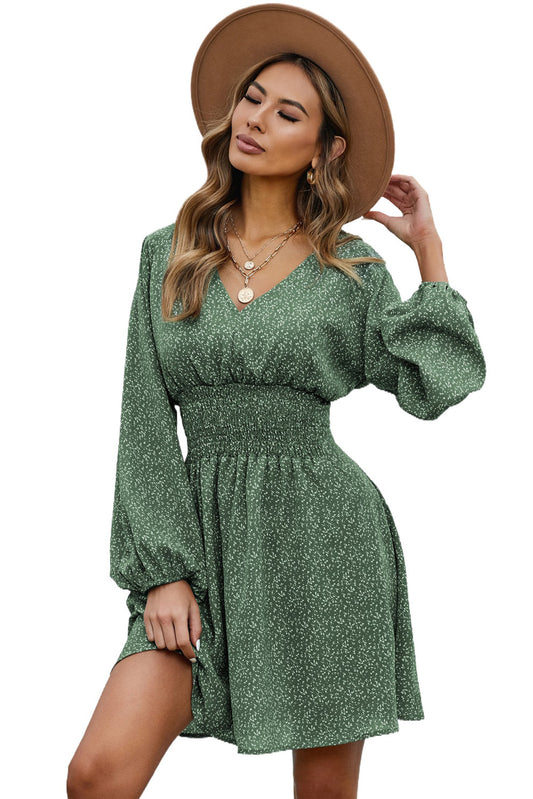 V Neck Balloon Sleeve Smocked Waist Printed Mini Dress