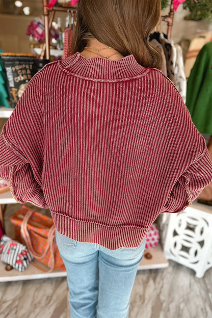 Red Dahlia Drop Shoulder High Neck Ribbed Sweater
