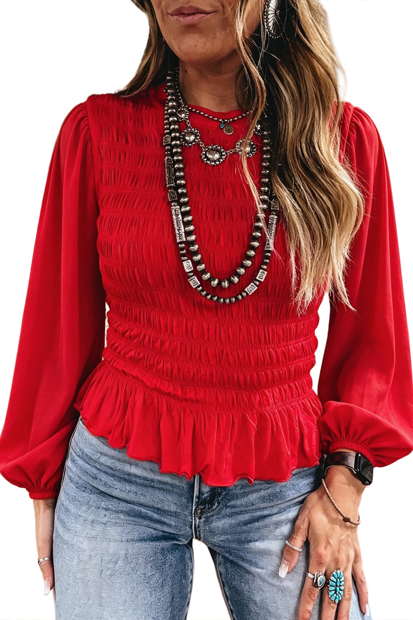 Racing Red Solid Color Smocked Ruffle Hem Long Sleeve Blouse