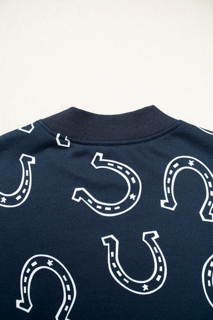 Blue Western Horseshoe Print Mock Neck Casual Pullover Sweatshirt