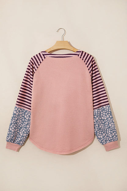 Light Pink V Neck Colorblock Patchwork Striped Floral Long Sleeve Casual Top