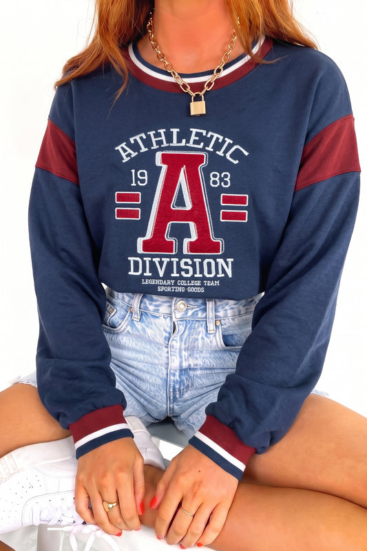 Sail Blue Patchwork Round Neck Long Sleeve Sweatshirt
