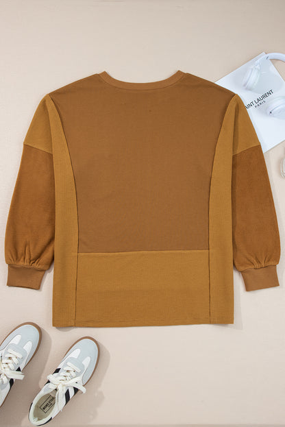 Multicolor Oversized Mixed Textured Split Neck High Low Patchwork Sweatshirt