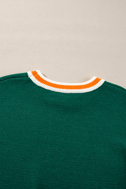 Pull à épaules tombantes et bordure rayée vert noirâtre