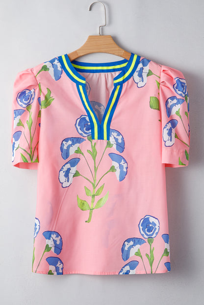 Pink Floral Print Striped Notched V Neck Bubble Sleeve Blouse