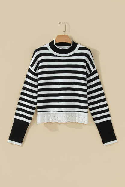 Black Striped High Neck Contrast Ruffle Detail Casual Sweater