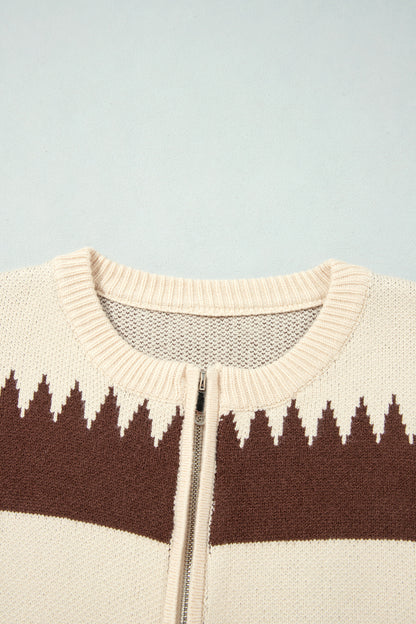 Beige Western Geometric Print Zip Front Loose Sweater Cardigan
