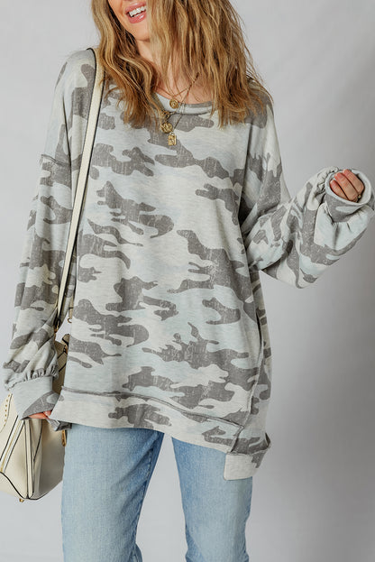 Multicolour Retro Camouflage Print Exposed Seam Patchwork Drop Shoulder Sweatshirt
