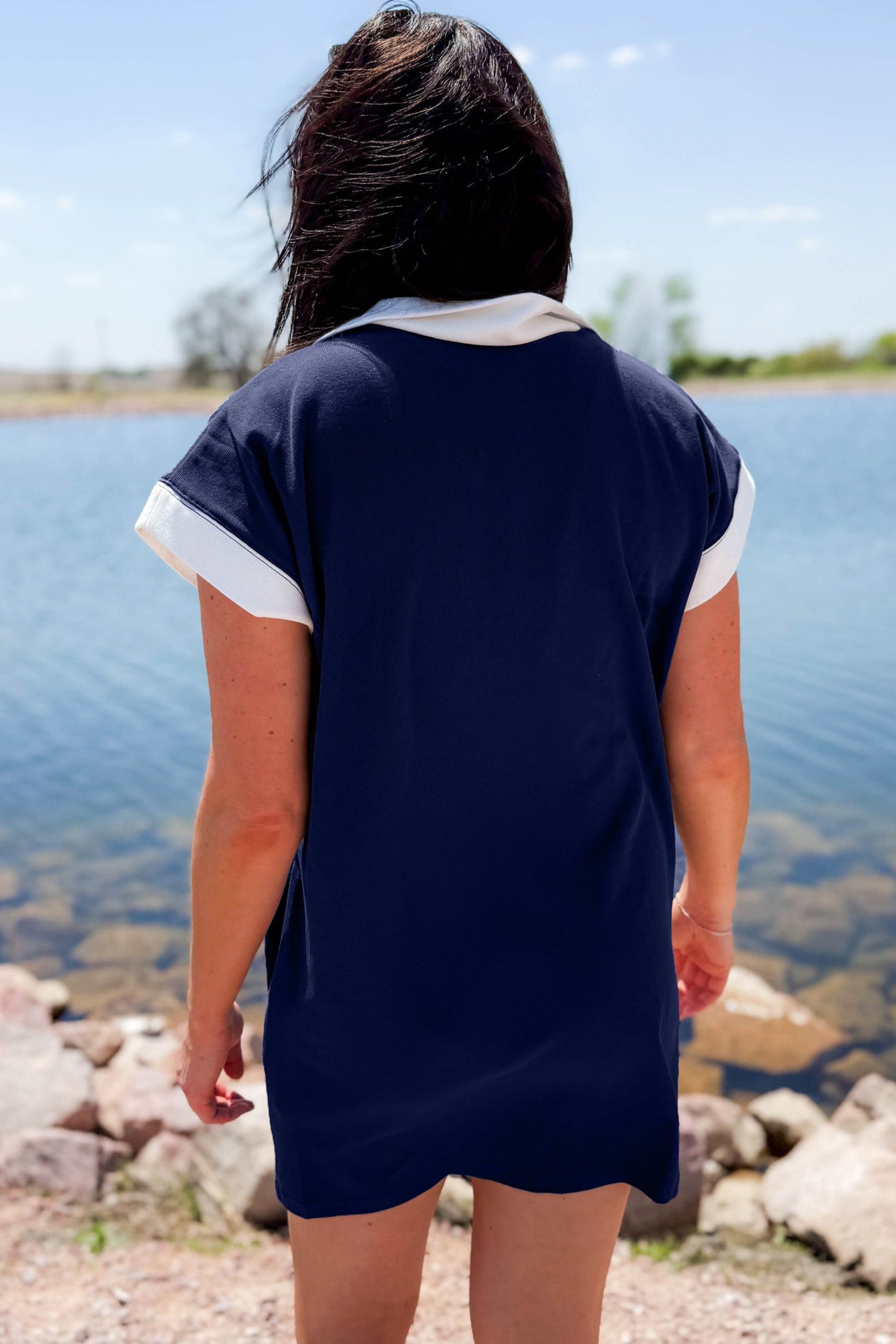 Navy Blue Americana Colorblock Stripes Zip up Collared T Shirt Mini Dress