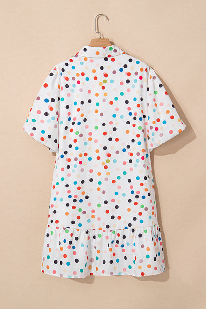 Robe chemise boutonnée à manches bouffantes et imprimé pois blancs grande taille