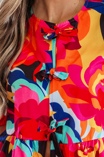 Red Abstract Floral Print Front Tied Puff Sleeve Babydoll Blouse
