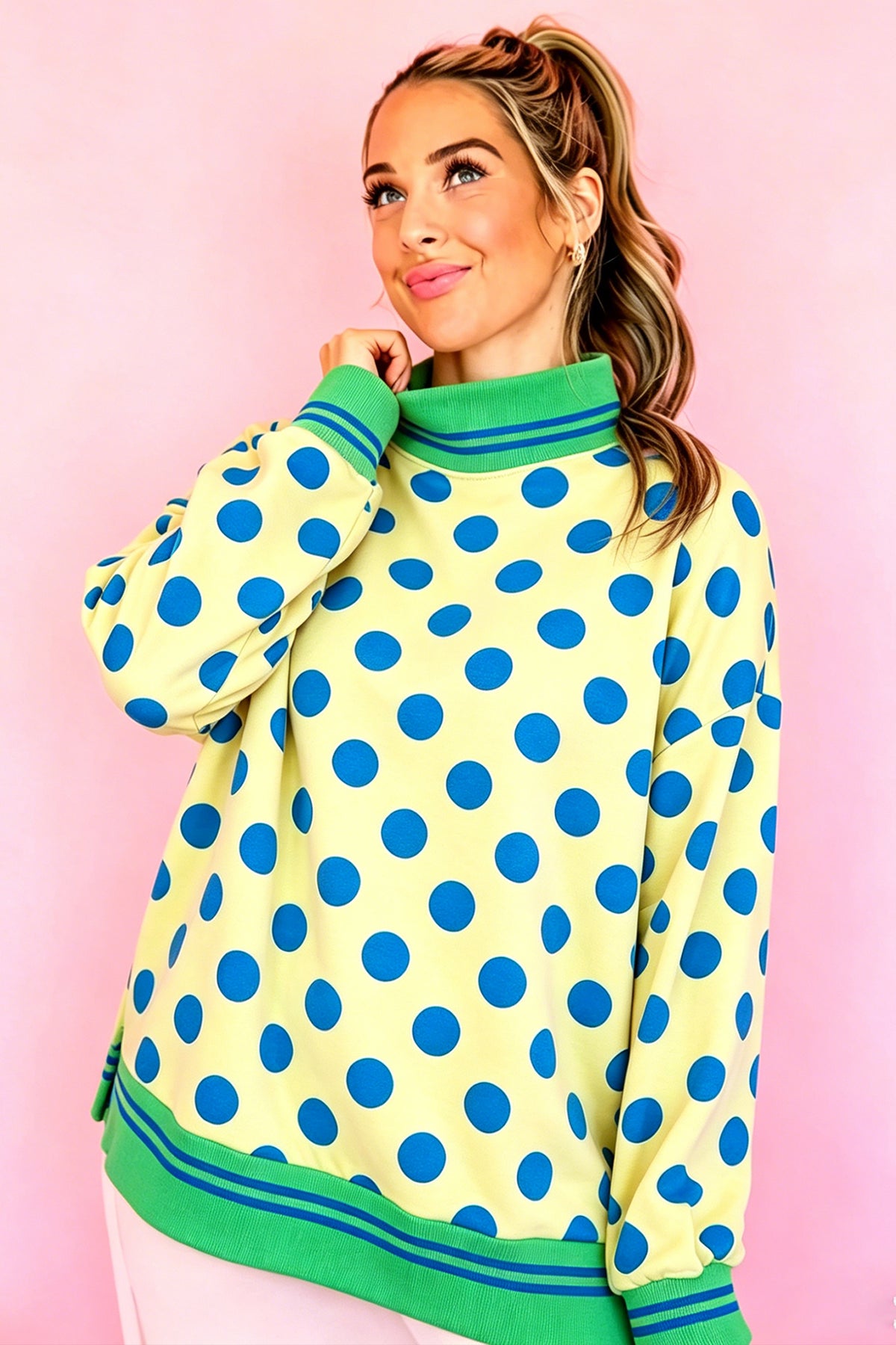 Yellow Polka Dot Striped Trim Mock Neck Sweatshirt