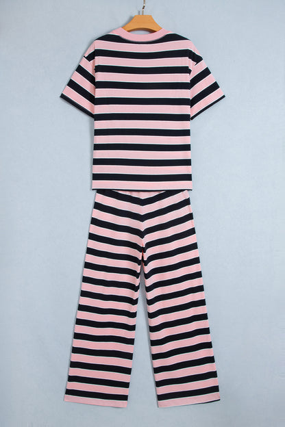 Pink Stripe Loose Tee and Pants Two Piece Set
