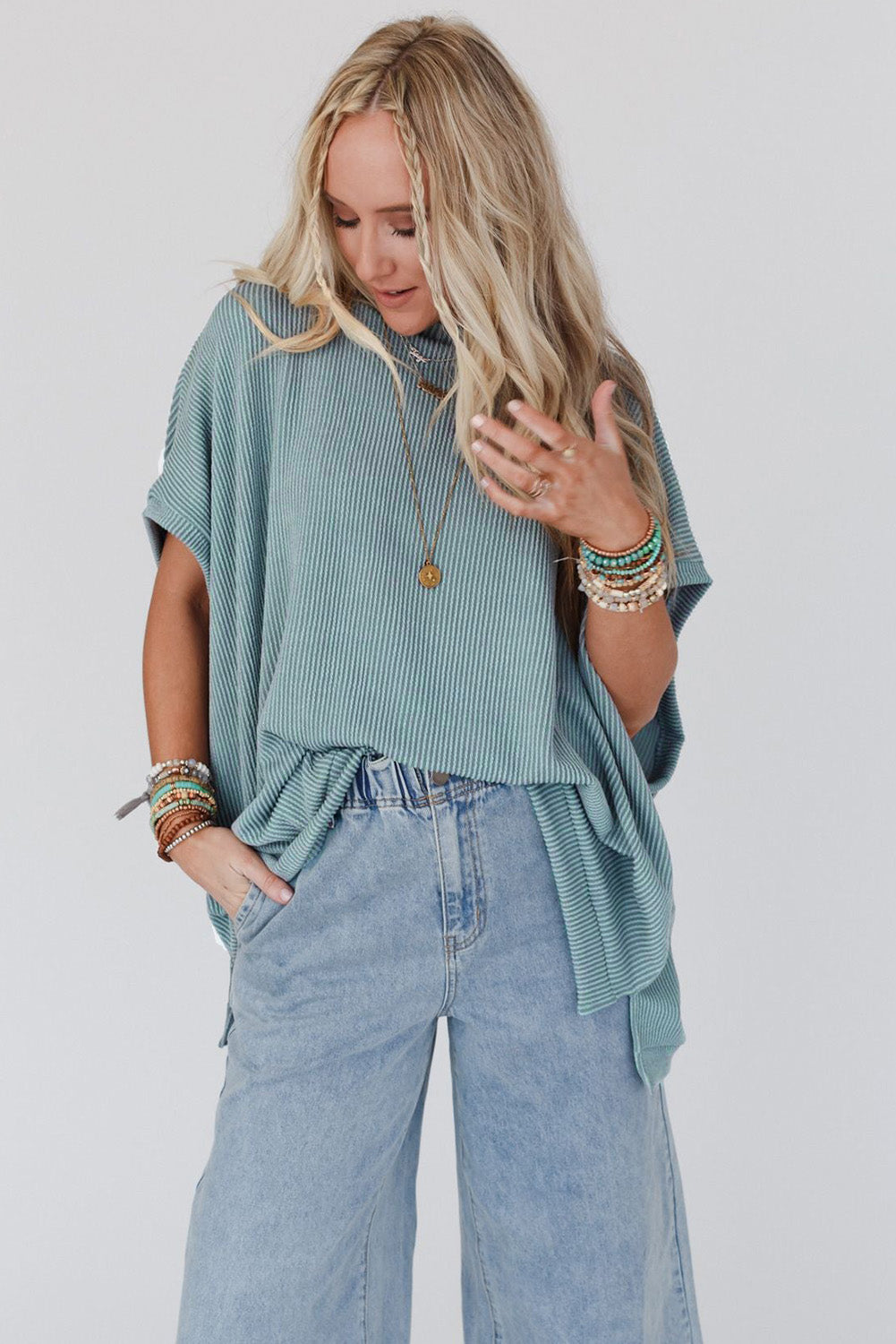 Tunique surdimensionnée à manches chauve-souris en tricot côtelé