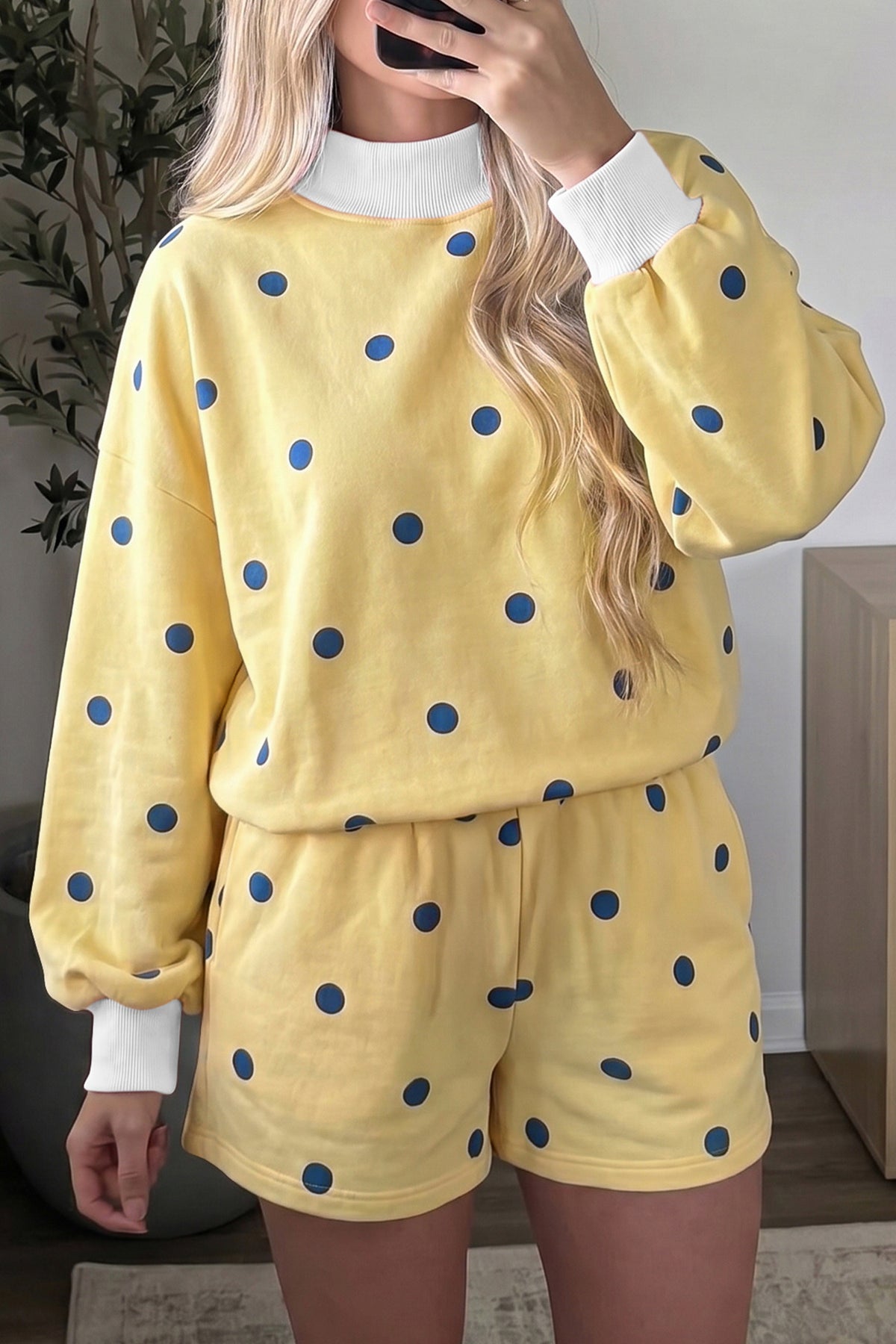 Yellow Polka Dot Ribbed Trim Long Sleeve Top Casual Short Set