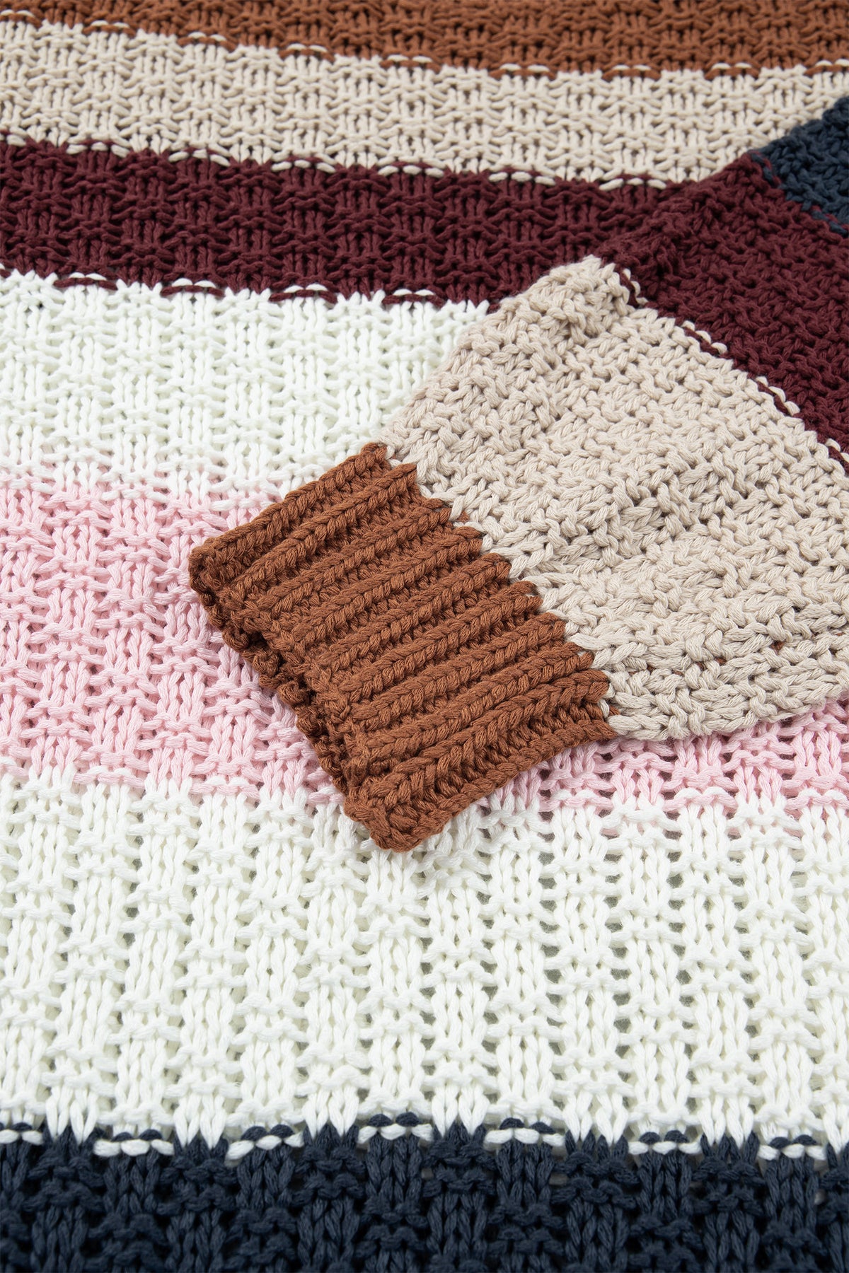 Multicolour Striped Knit Dropped Shoulder Round Neck Pullover Sweater