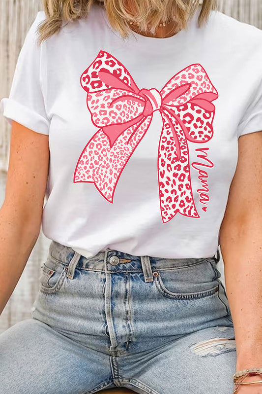 White Leopard Bow Graphic Mothers Day Fashion T Shirt